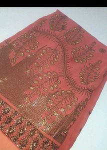 Beautiful Embroidered Coral Saree