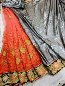 🇳🇿💫🎀Elegant Grey &amp; Orange Embellished Saree