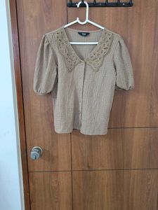 Women's Brown Textured Top with Lace Collar
