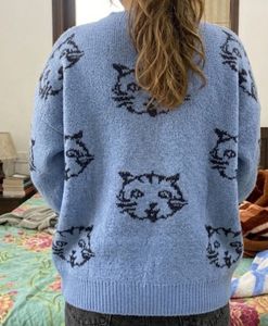 Cat Print Blue Oversized Pullover Sweater