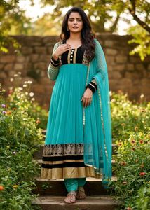 Sky Blue & Green Anarkali Dress  🌟