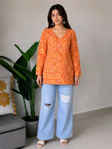 Orange Floral Print Kurta_XXL