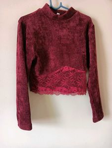 Burgundy Corduroy Lace Crop Top