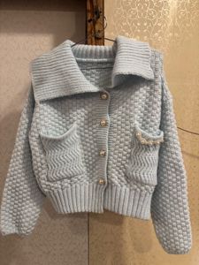 Light Blue Knit Cardigan with Pearls
