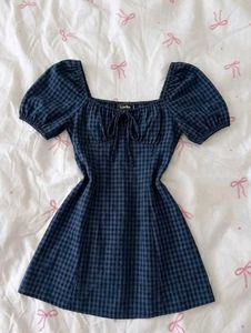 y2k Blue Gingham Puff Sleeve Dress