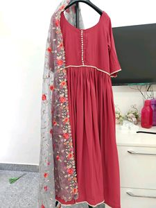 Brick Red Flared Kurta With Dupatt