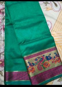 Emerald Green Sari with Floral Peacock Border