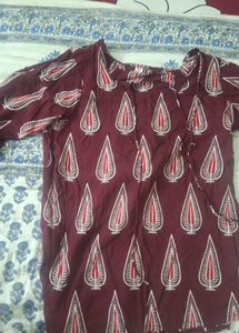 Maroon Printed Cotton Kurta tie neck