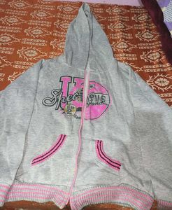 Grey Zip-Up Hoodie with Pink Accents