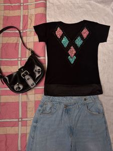 Y2K Bejeweled Black Fitted  Top
