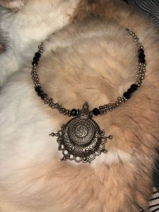 Oxidized Silver Necklace with Black Beads