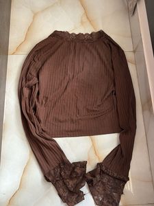 Brown Lace Trim Ribbed Crop Top