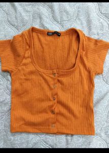 Orange Ribbed Button-Up Crop Top