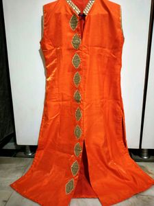 Women Orange Mirror Work Neck Embroidered Kurta