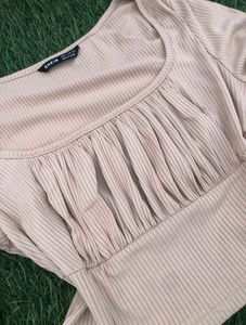 Ruched Square Neck Ribbed Long Sleeve Top