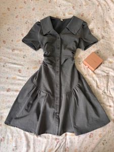 Chic Grey Button-Up korean dress