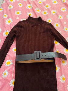 Brown Ribbed Turtleneck Dress with Belt