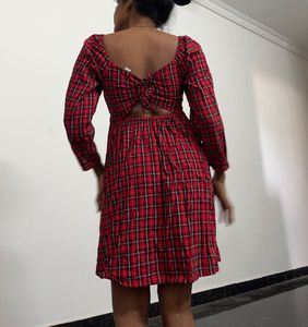 Red Plaid Smocked Square Neck Dress