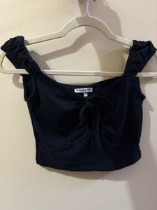 black Ruched Tie Front Crop Top
