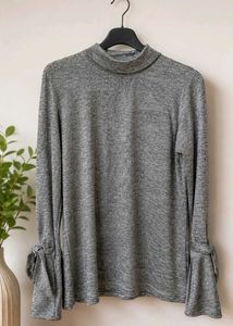 Grey Mock Neck Tie Sleeve Top