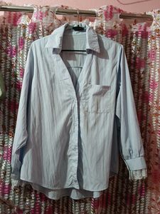 Light Blue  Button-Up Shirt with Lace Cuff