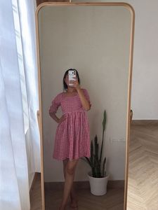 Chic Pink Gingham Smocked Dress