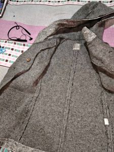 Gray Hooded Wool Blend Coat
