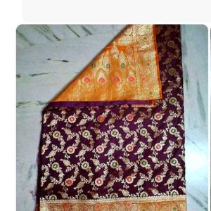 unused saree Wine And Orange Banarasi Silk Sare