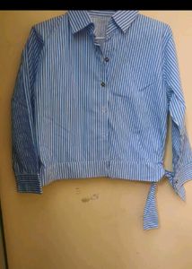 Blue & White Striped Tie-Waist Shirt