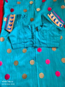Teal Saree with Polka Dots &amp; Blouse