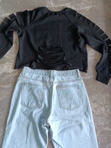 Black Graphic Crop Top &amp; Light Wash Jeans Set