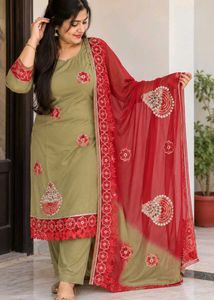 Olive Green Kurta Set with Red Dupatta Unstitched