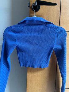 Ribbed Blue Cropped Collared Shirt