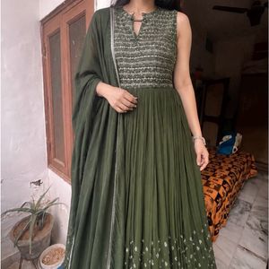Olive Green Embellished Anarkali Gown