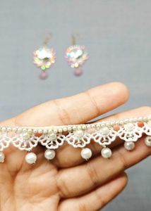COMBO Elegant Pearl choker &amp; Crystal earring Set