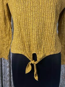 Yellow Ribbed Tie-Front Top