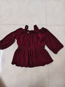 Maroon Pleated Jumpsuit with Cold Shoulder