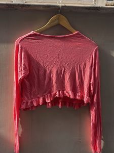 Pink Graphic Crop Top with Ruffle Hem