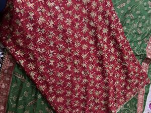 Red green banarsi suit with combo kurta phulkari