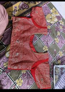 Red chiffon zari saree with stitched blouse