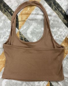 Brown Ribbed Halter Neck Crop Top