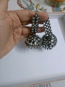 Very Smart Metal Jhumkas With Silver Stones