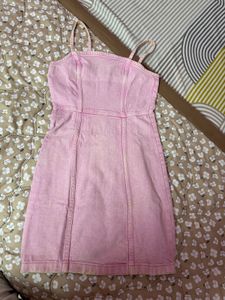 Pink Denim Spaghetti Strap Bodycon Mini Dress