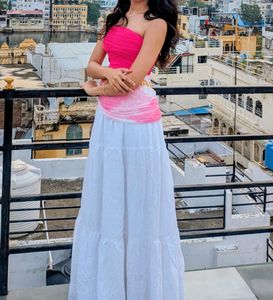 Pink &amp; White Tiered Lehenga Choli Set
