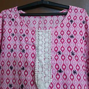 Pink Floral Print Kurta with White Lace (2 kurti)