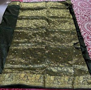 olive grey pure silk saree