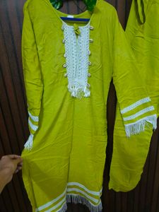 Vibrant Lime Green Kurta Set with Tassels