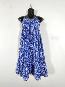 Blue With White Floral Print Dress (Women's)
