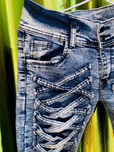 Distressed Lace-Up Detail Jeans