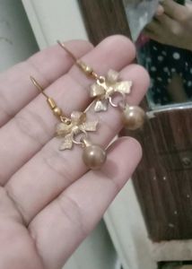 Gold Bow &amp; Pearl Drop Earrings